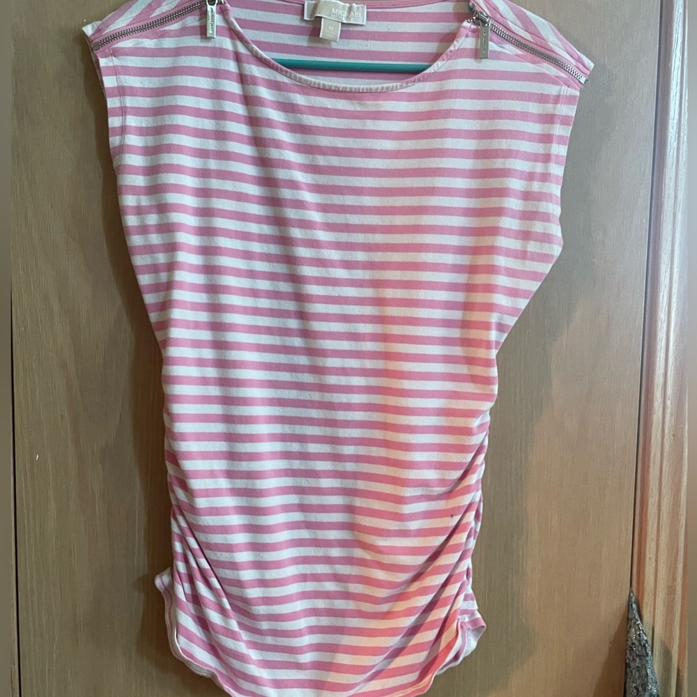Michael Kors White and Pink Ruched Sleeveless Tank Top